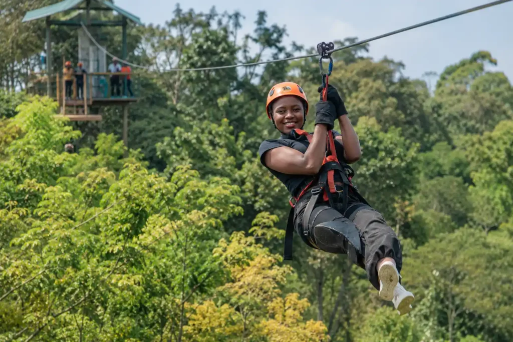 a lady ziplining